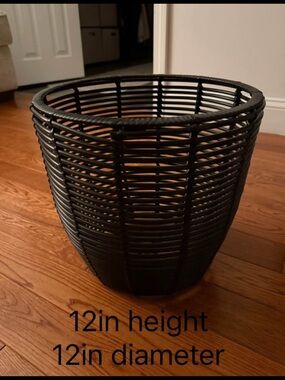 Black Woven Rattan Accent Basket and decorative pots